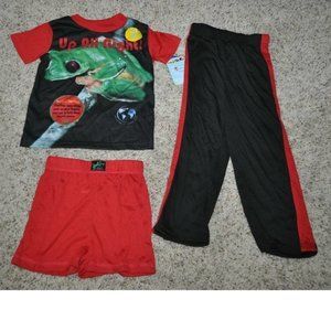 Boys Frog Summer Pajamas 4 Black Red 3 Pc Short Sleeve Shirt, Shorts & Pants SGI